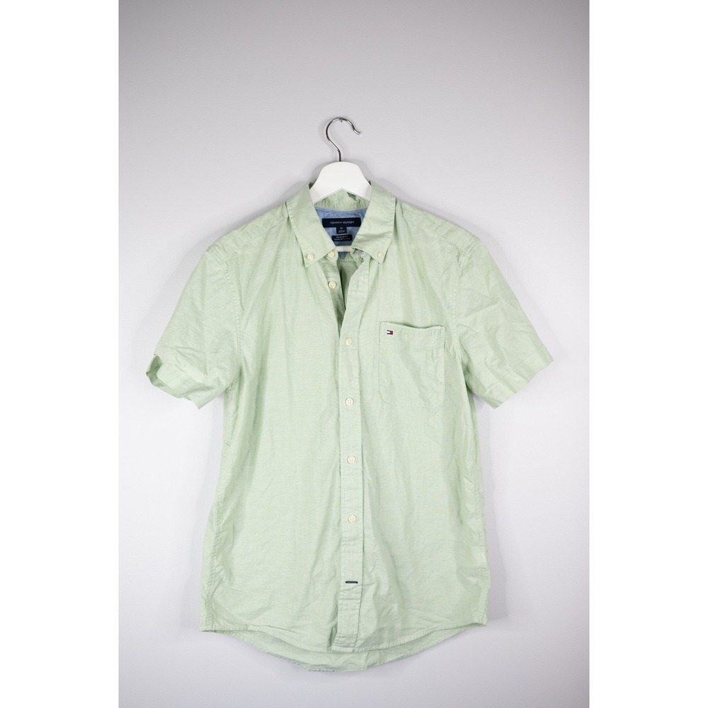 Tommy Hilfiger Button Down Shirt Mens M Green Excellent Short Sleeve Regular Fit